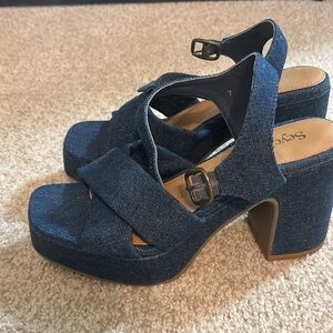 Seychelles Blue Platform Shoes with denim Texture